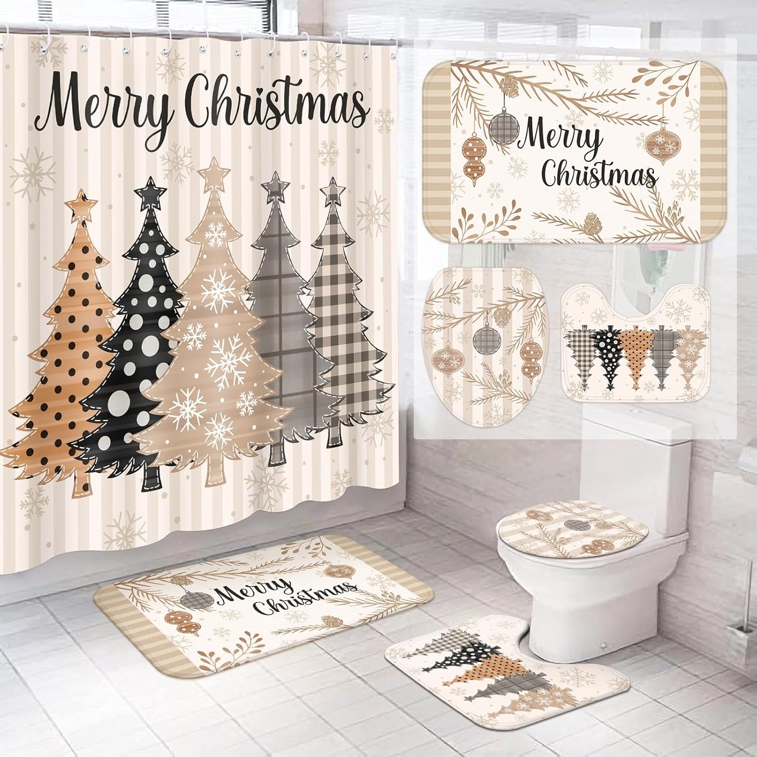 Christmas Tree Bathroom Set - Festive Decor with 12 Hooks
