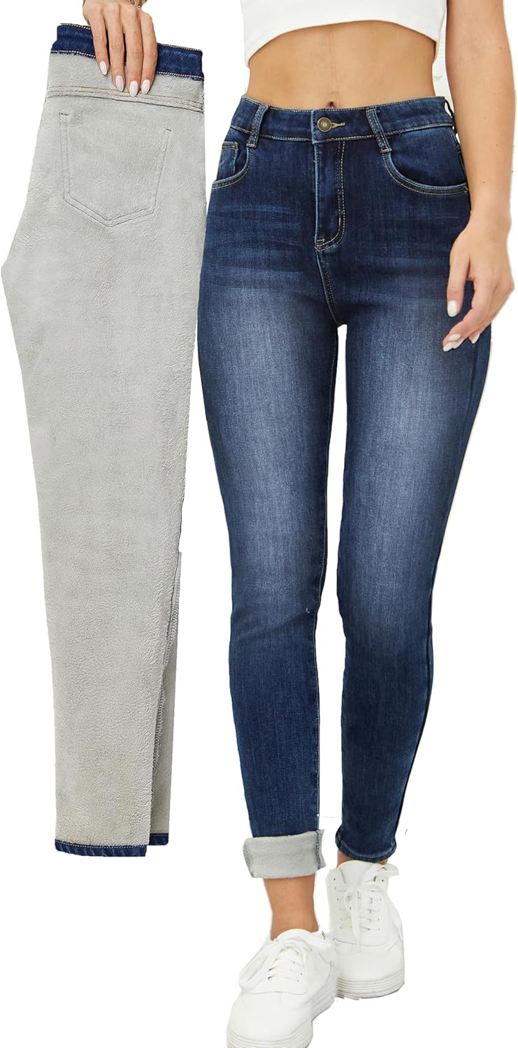Fleece Lined Winter Jeans for Women - Thermal Thick Denim Pants