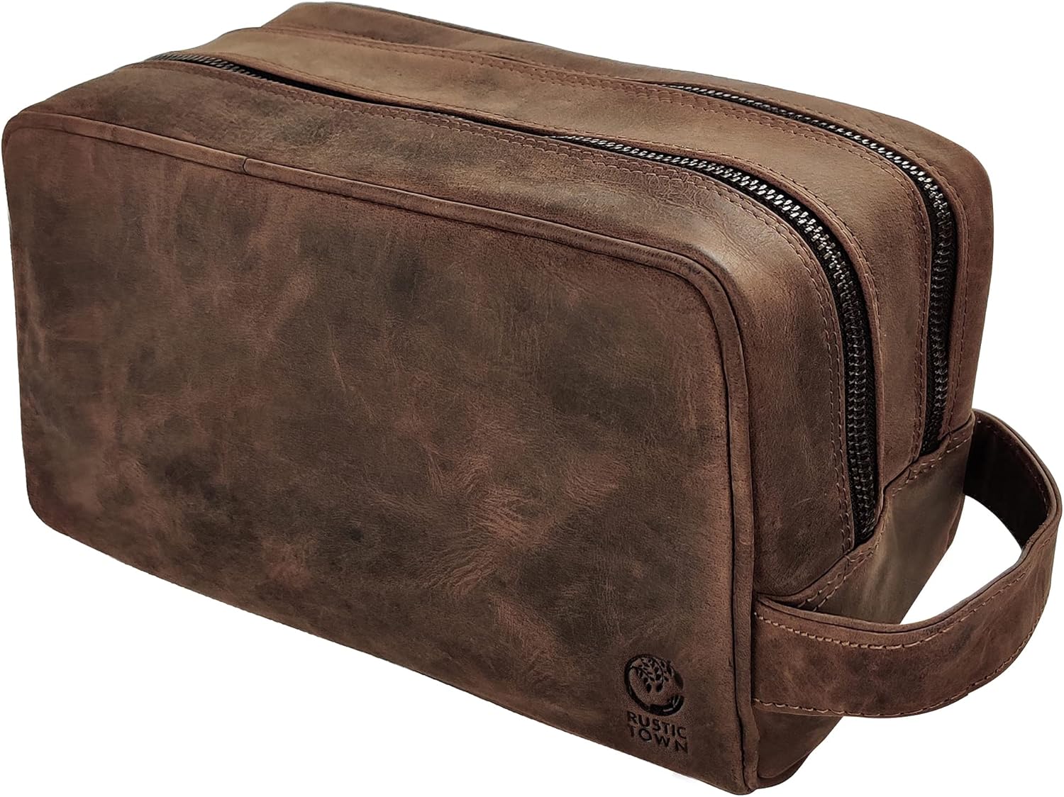 RUSTIC TOWN Full Grain Leather Travel Toiletry Bag for Organizing