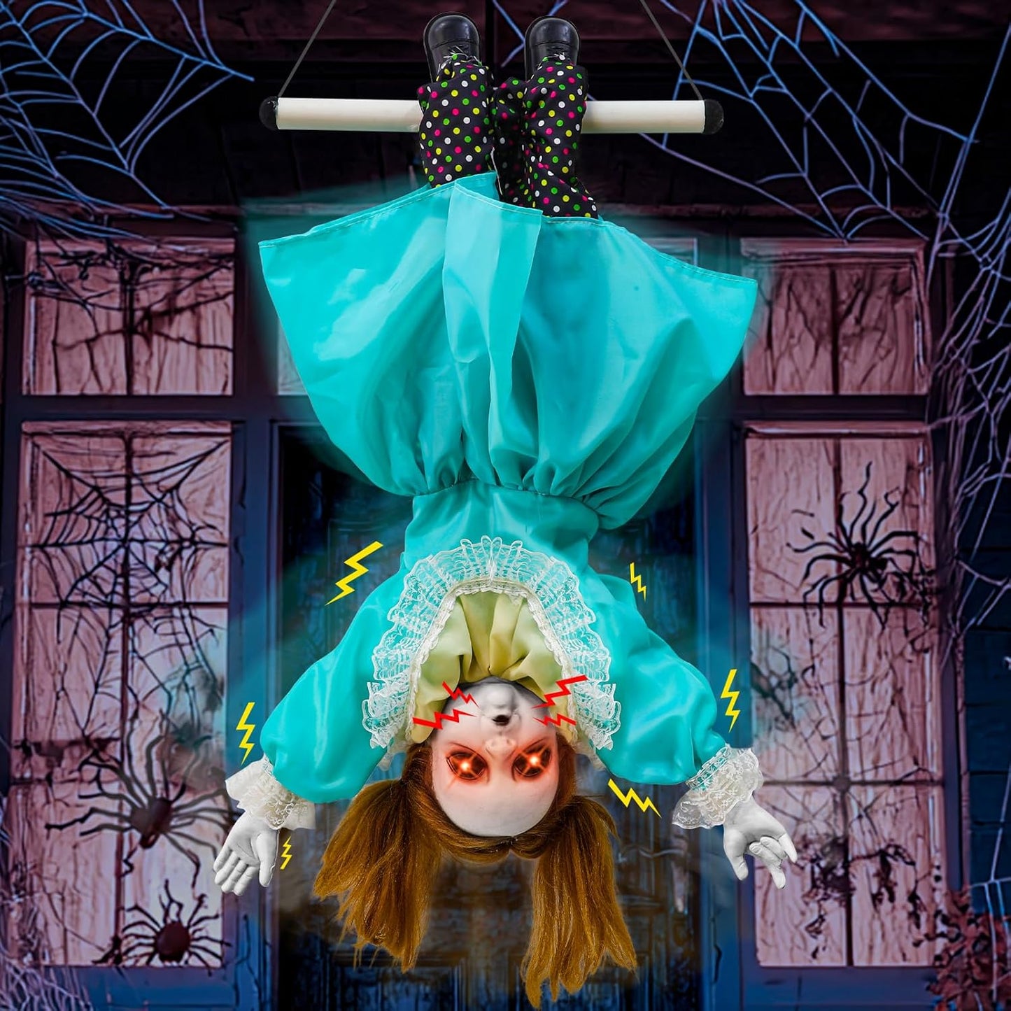 30 Inch Halloween Animatronic Hanging Upside Down Girl Prop