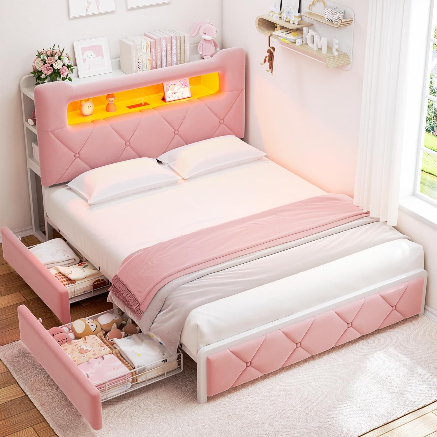Queen Upholstered LED Bed Frame with Storage & Charging Station
