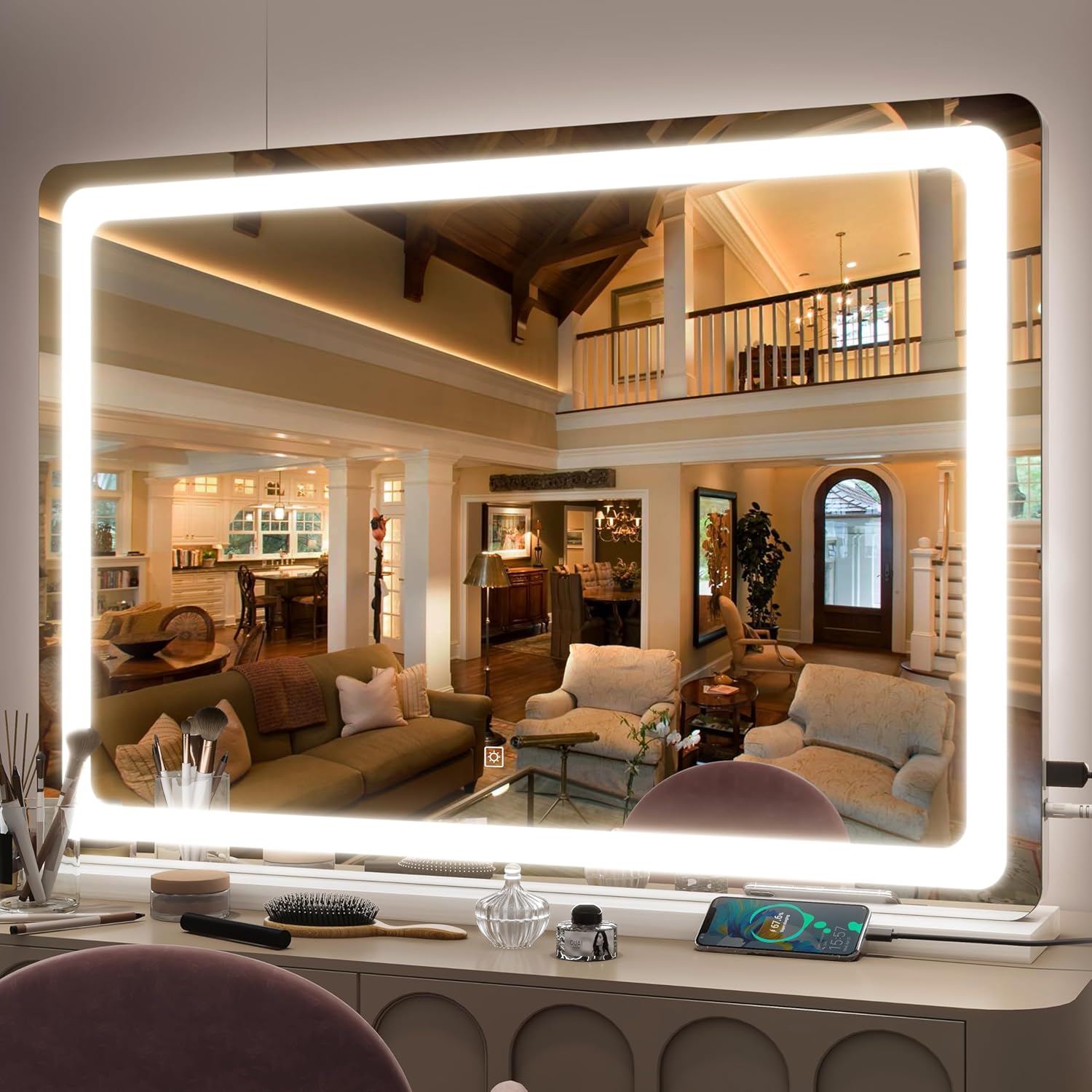 FENNIO Lighted Makeup Mirror with Adjustable Brightness & USB Port