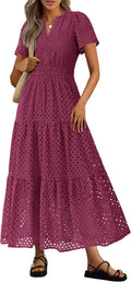 PRETTYGARDEN Womens Summer Maxi Eyelet Dress - Flowy Vacation Style