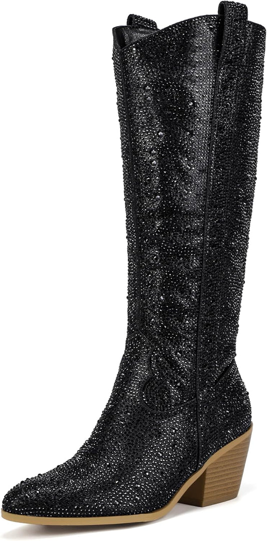 IDIFU Rhinestone Cowboy Boots for Women with Chunky Heels