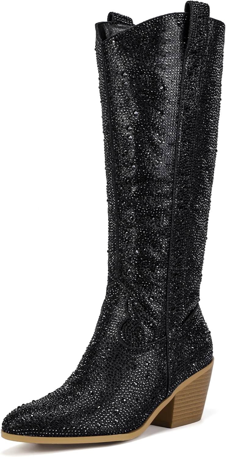 Stylish Rhinestone Cowboy Boots for Women with Chunky Heels