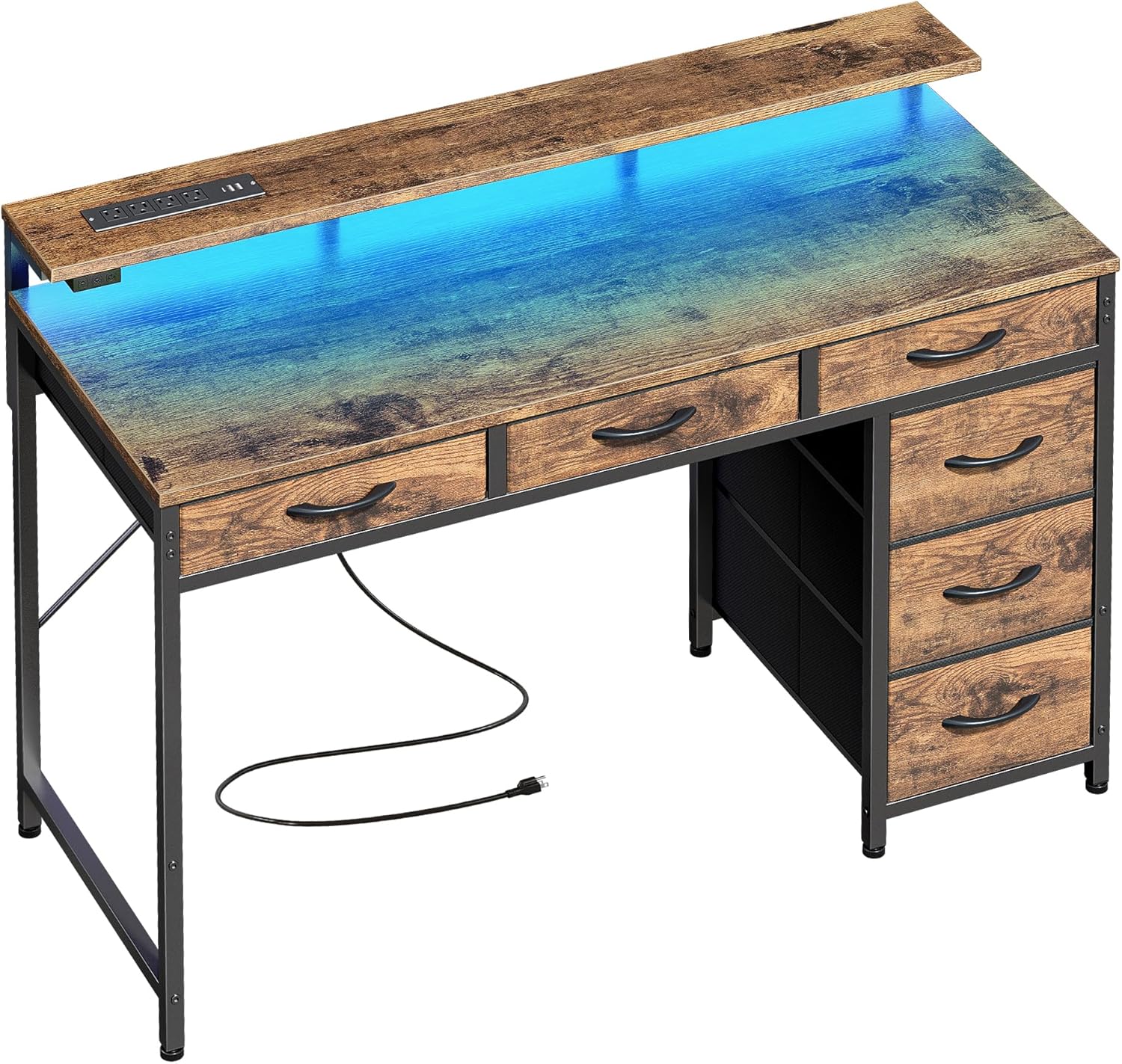 Huuger Gaming Desk with LED Lights and 6 Drawers for Home Office
