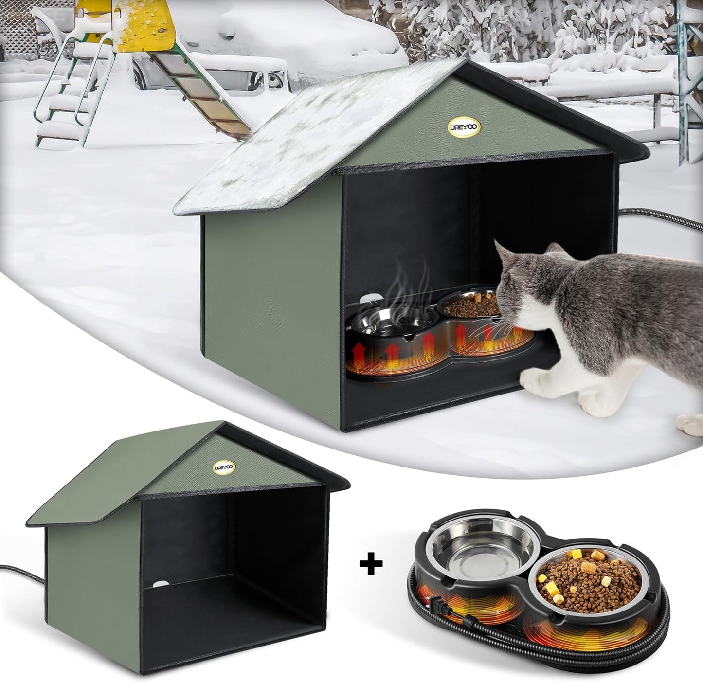 Dreyoo Outdoor Cat Feeding Station with Heated Cat Bowl for Winter