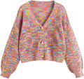 SweatyRocks Long Sleeve Gingham Button Front V Neck Cardigan - Cropped