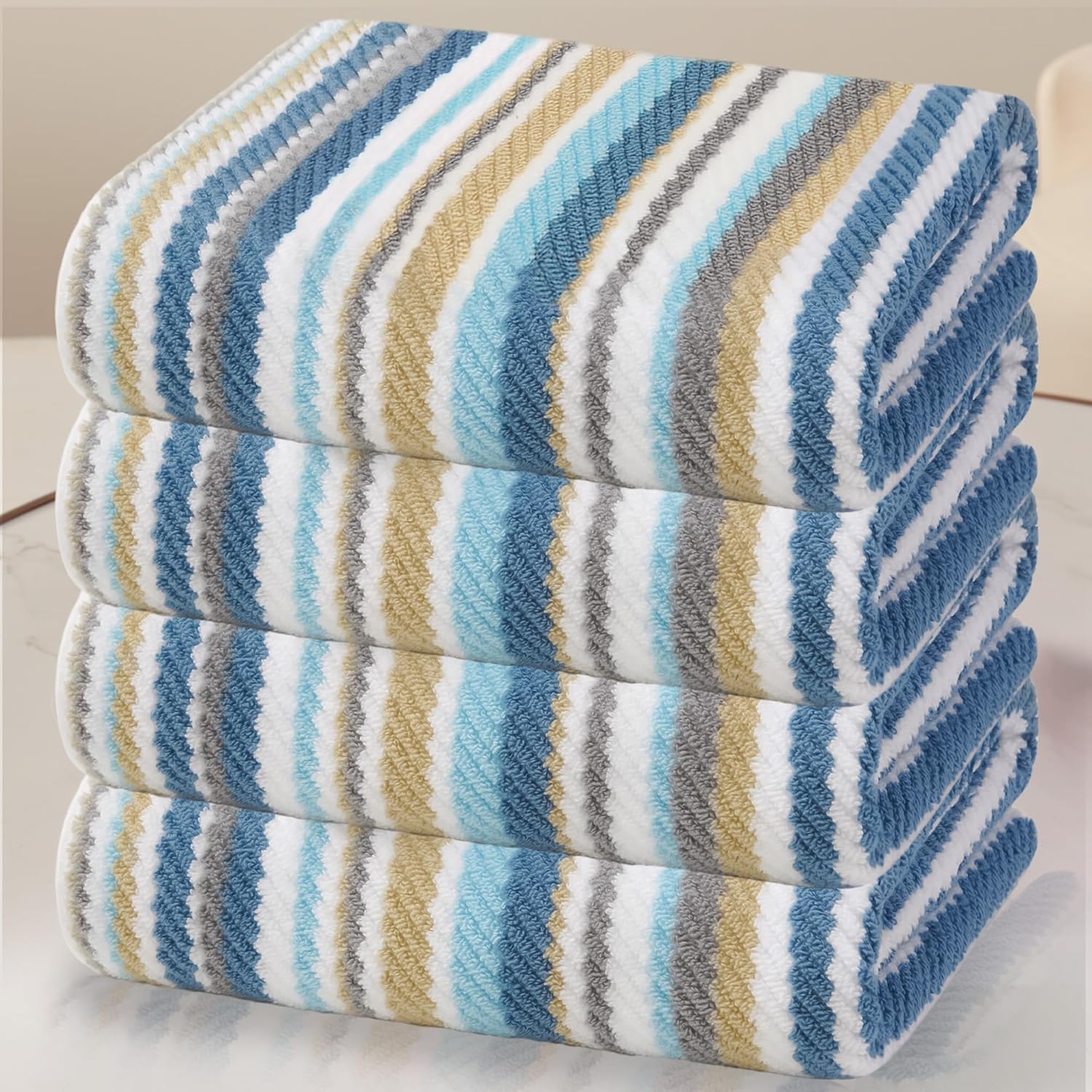 Striped Bath Towels Set of 4 - Quick Dry, Soft & Absorbent