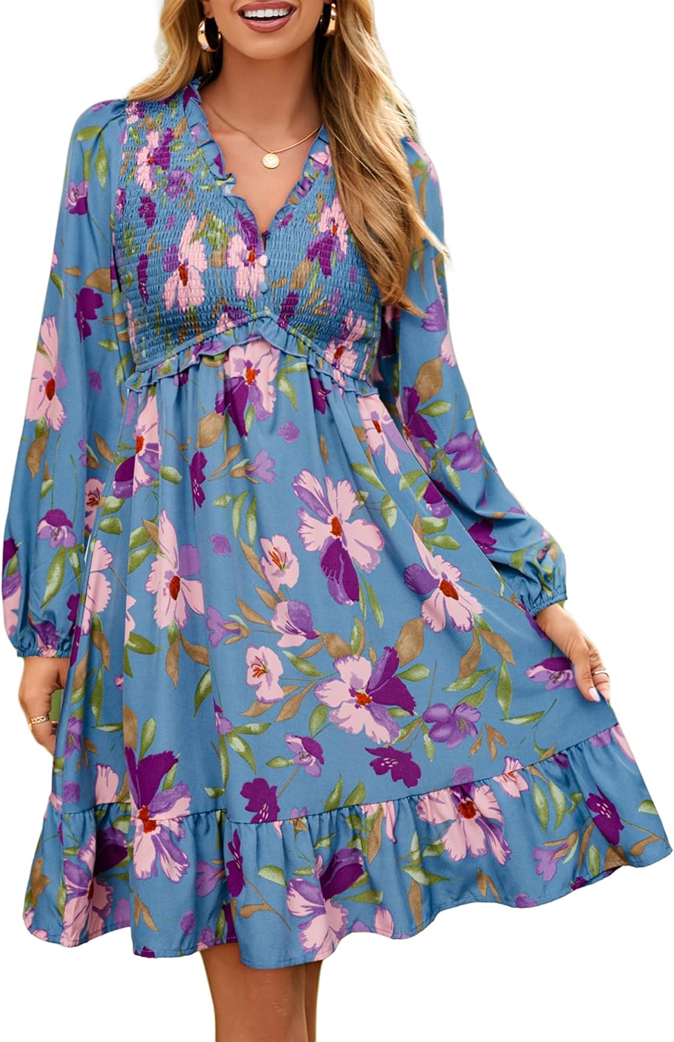 Floral Long Sleeve Babydoll Mini Dress for Casual Fall Wear