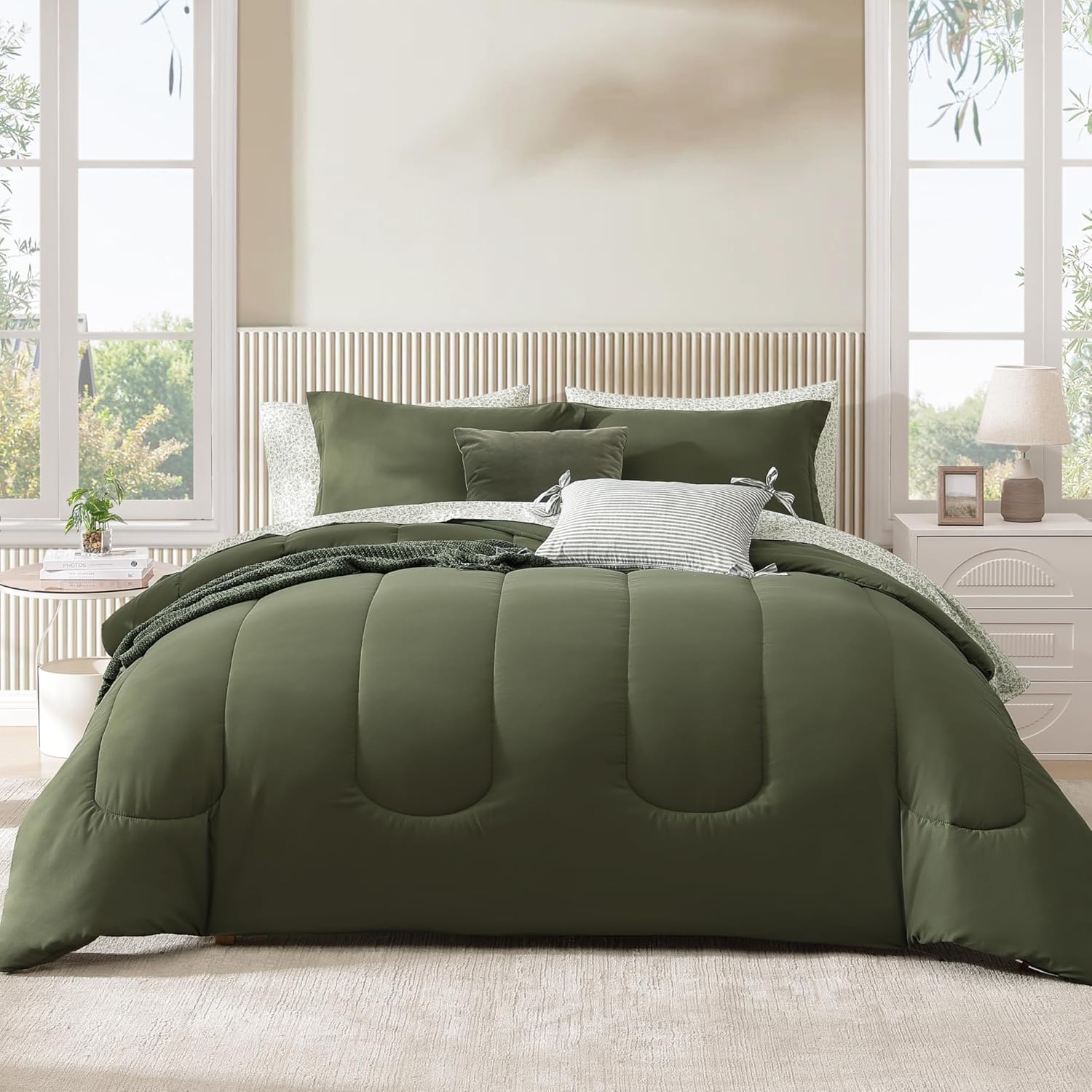 Monbix Queen Comforter Set - 7 Pieces Olive Green Bedding