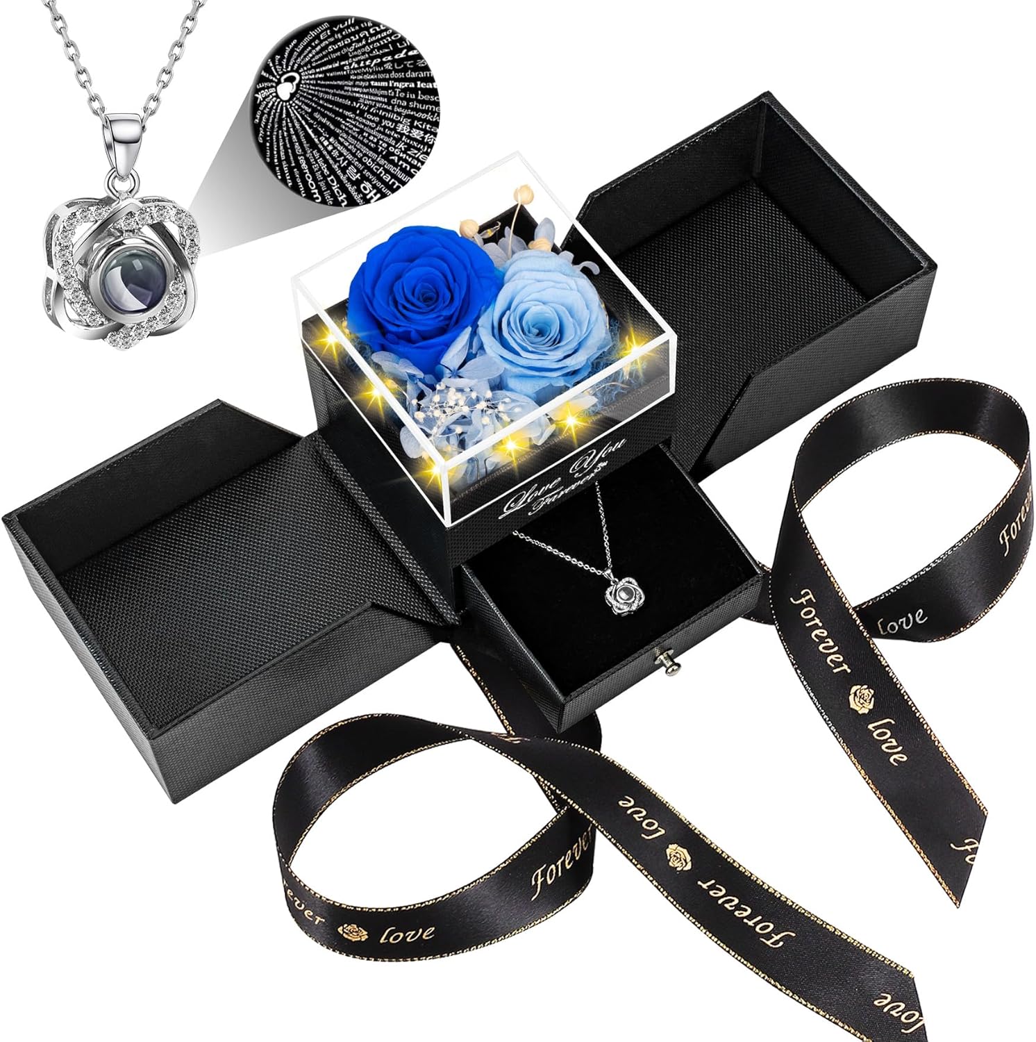 2 Preserved Real Roses with Heart Necklace for Her Gifts