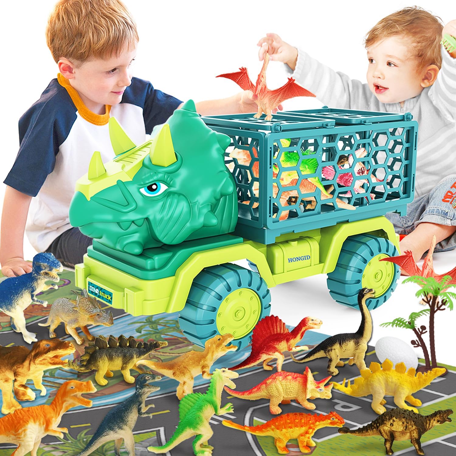 HONGID Triceratops Truck Toy Set - 15 Dinos, Play Mat, Eggs - Ideal Christmas Gift!