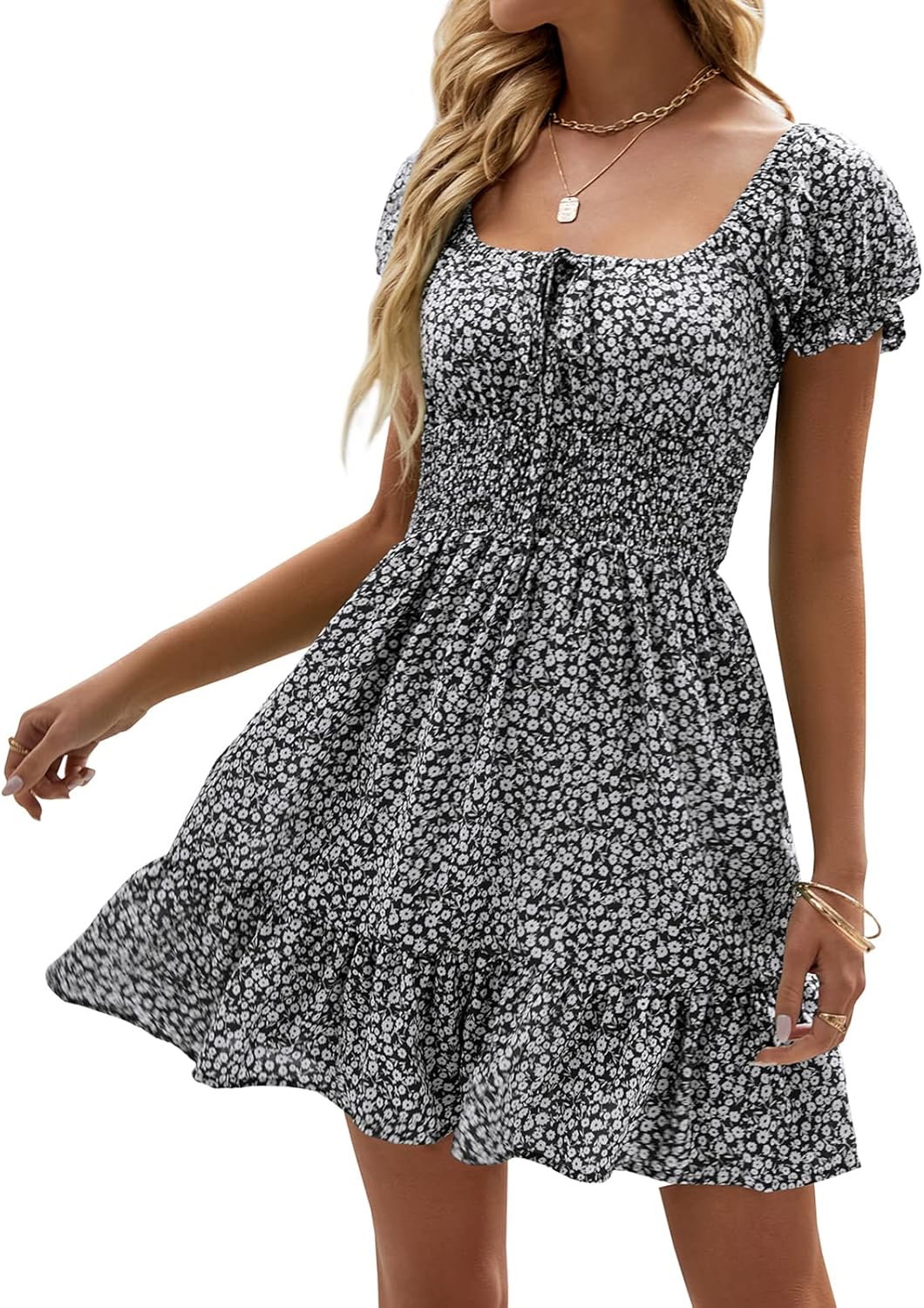 Boho Floral Smocked Square Neck Mini Dress for Women