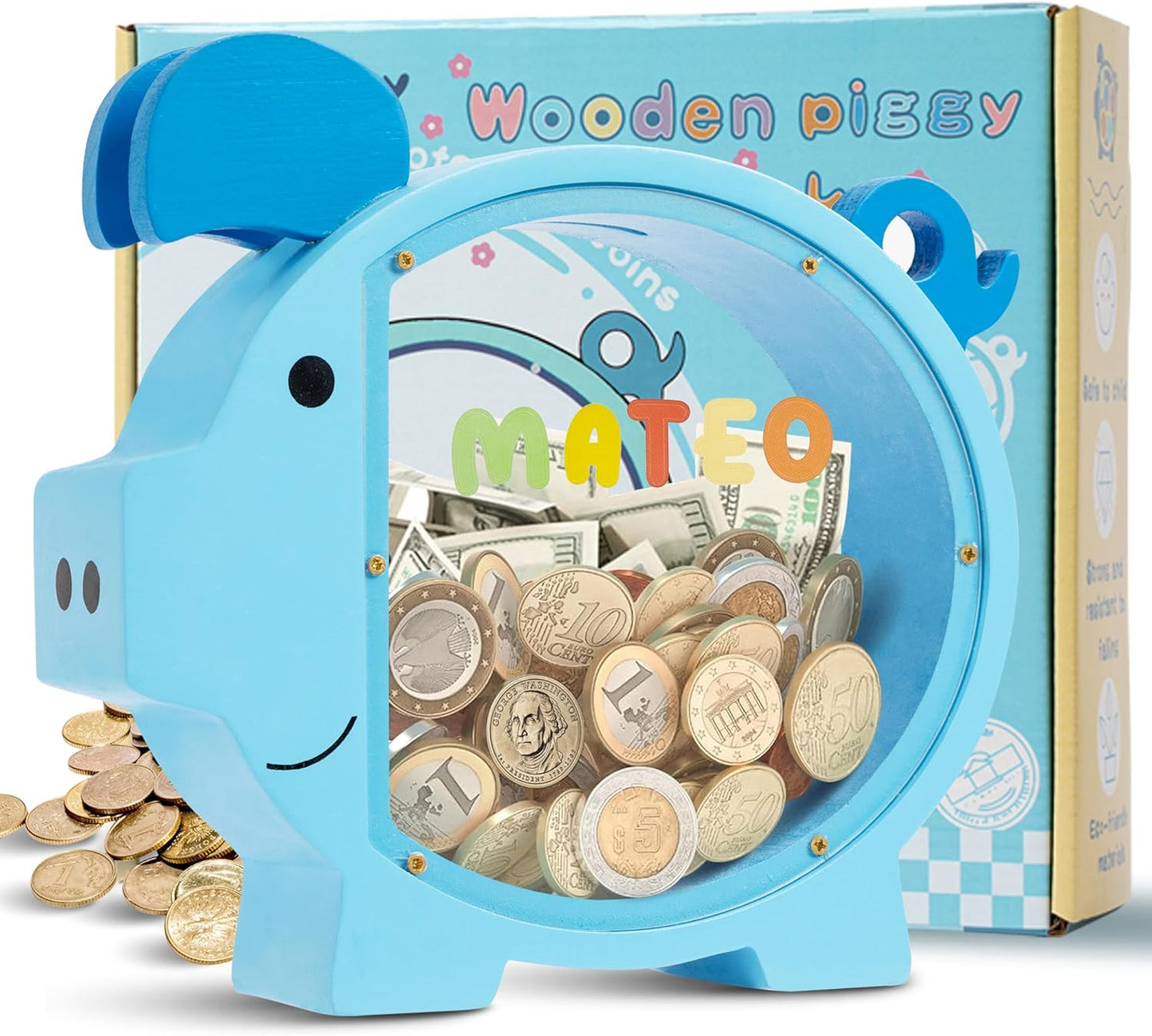 Personalized Blue Piggy Bank for Kids - Unbreakable Design