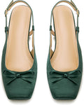 Women's Satin Ballet Flats Slingbacks Square Toe with Bow - Cushioned