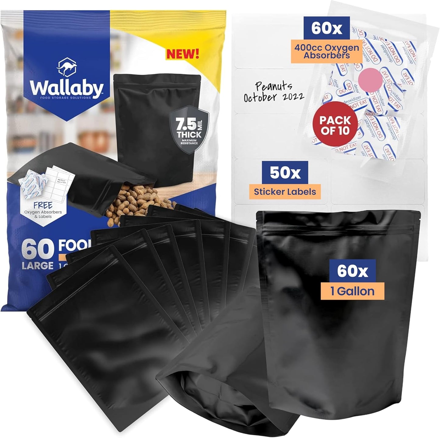 Wallaby 60 Count 1-Gallon Gusset Mylar Bags for Food Storage
