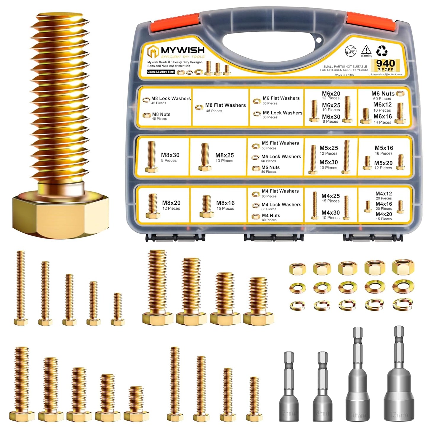 Mywish 940Pcs Grade 8.8 Metric Bolt Assortment Kit for DIY Projects