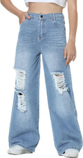 Girls Ripped Wide Leg Jeans for Teens - Trendy Casual Fit