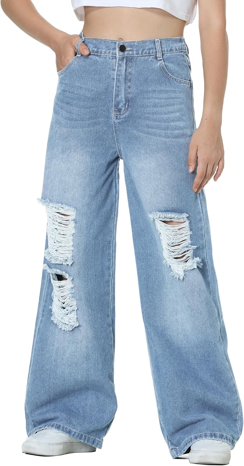 EXARUS Girls Baggy Jeans: Ripped Wide Leg Denim for Teens