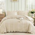 Beige Ruffle Queen Comforter Seersucker Bedding Set - Soft Boho Chic