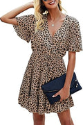KIRUNDO Women's Summer Dresses Casual V Neck Ruffle Leopard Print