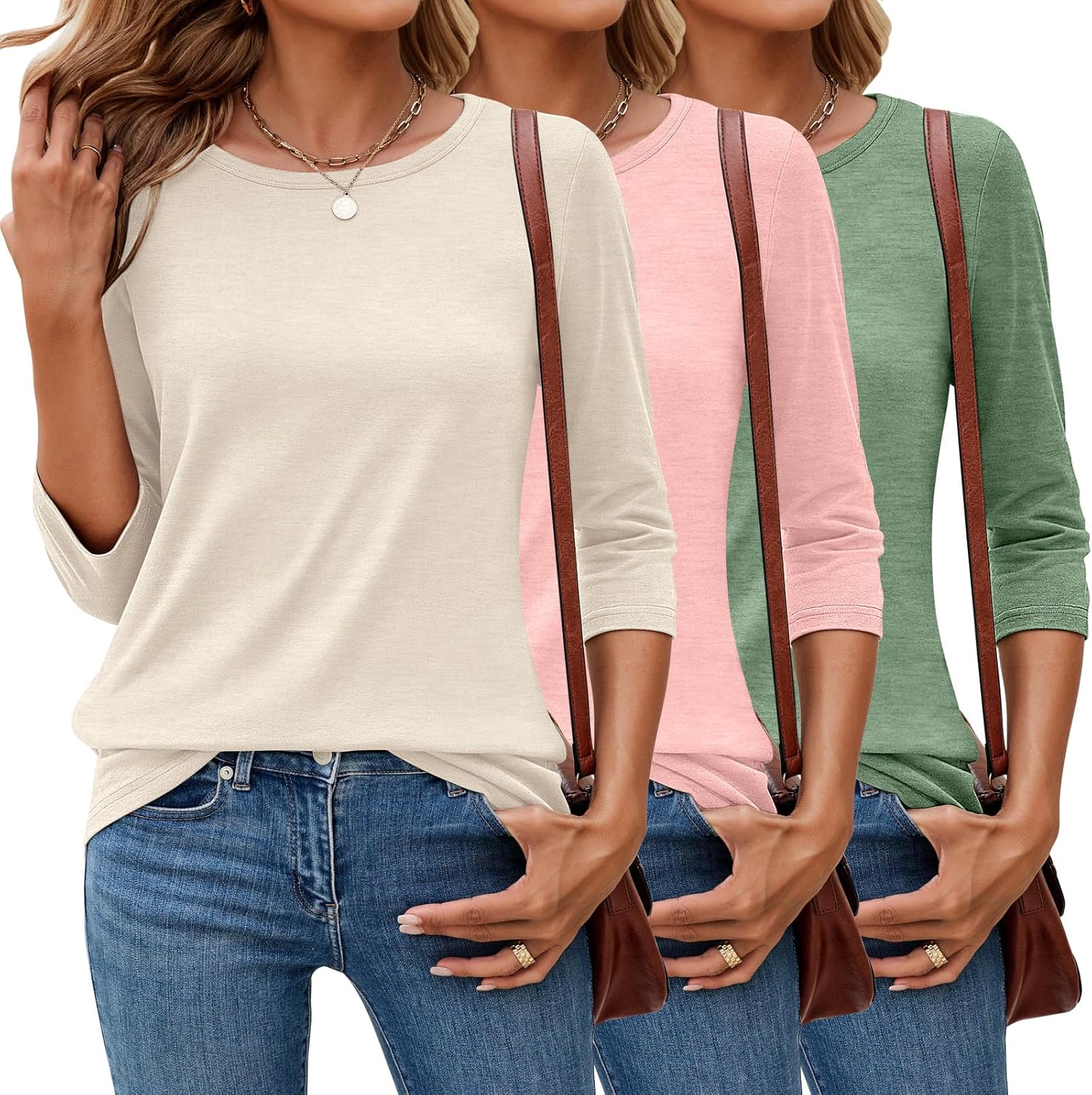 Stylish 3 Pack 3/4 Sleeve Tops for Women - Casual Basics Tees