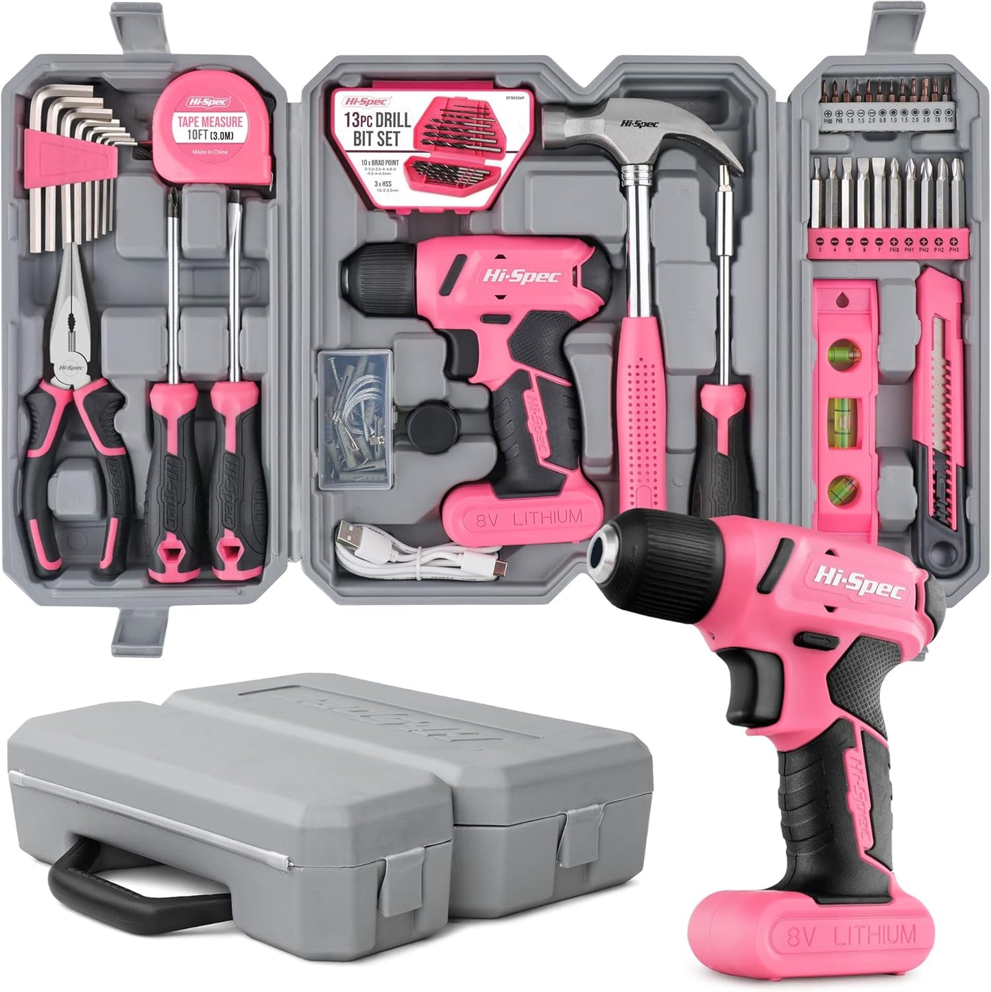 Hi-Spec 58pc Pink 8V USB Electric Drill Driver Tool Kit Set