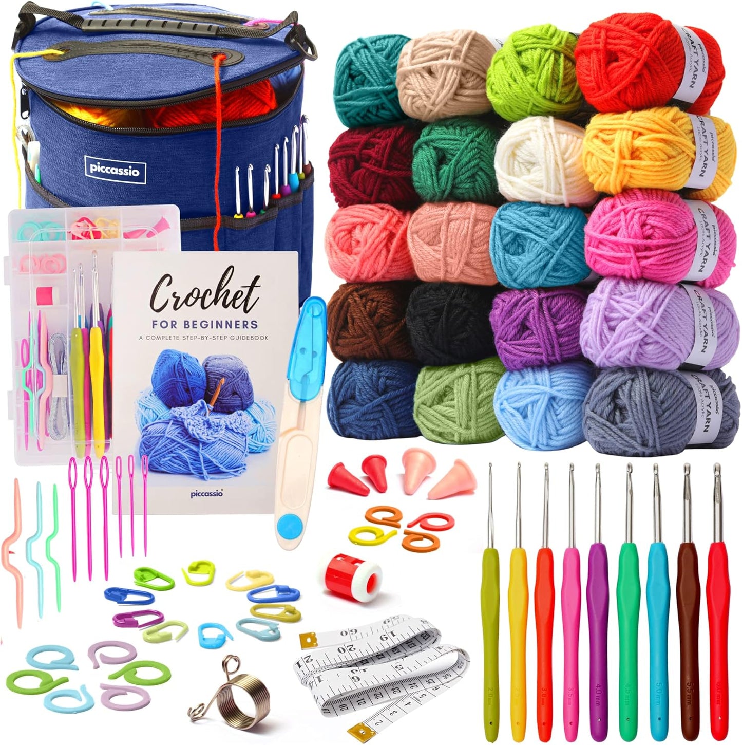Piccassio Crochet Kit for Beginners with 20 Yarn Colors & More