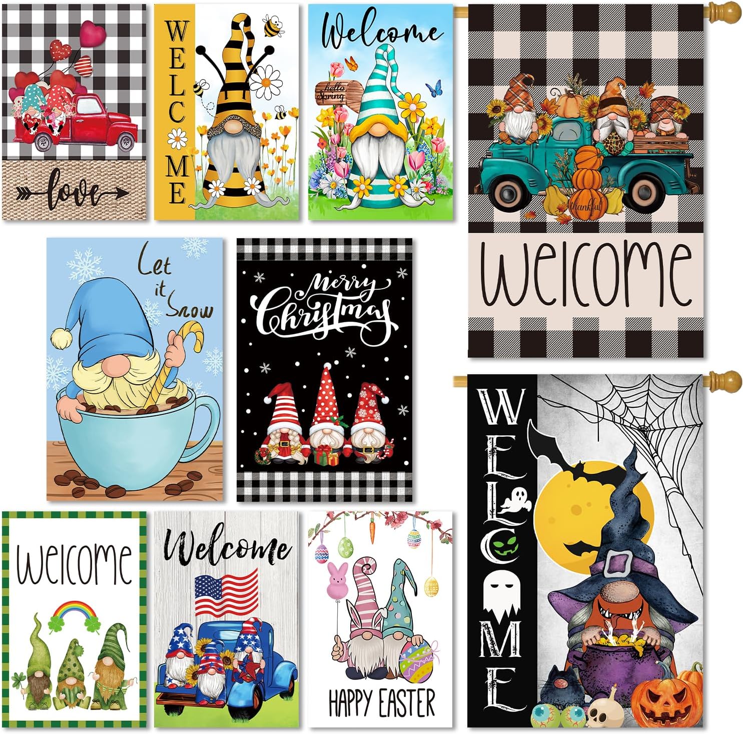 Set of 10 Gnome Seasonal Garden Flags for All Seasons Fun