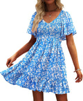 Womens Cute Floral Smocked V Neck Flutter Sleeve Sundress - Flattering
