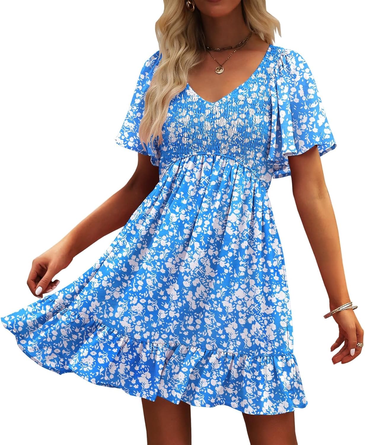 Womens Cute Floral Smocked V Neck Flutter Sleeve Sundress