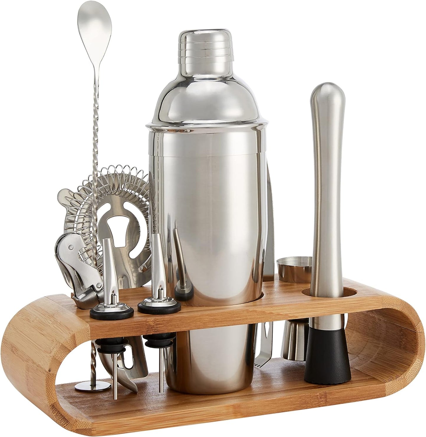 10-Piece Stainless Steel Bar Tools Set with Bamboo Stand Holder