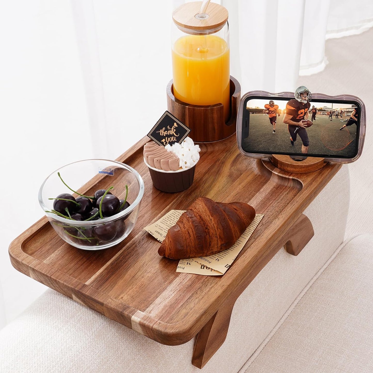 3-in-1 Acacia Wood Sofa Tray - Stay Organized!