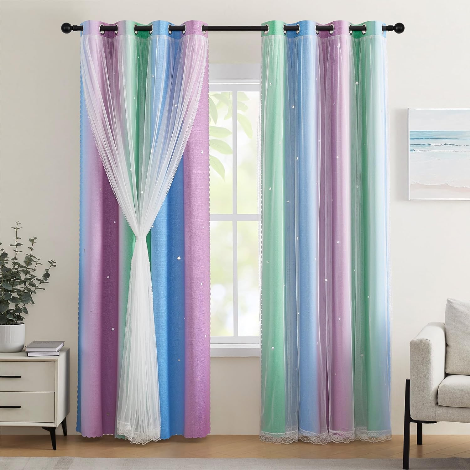 XiDi Blackout Curtains for Girls Bedroom with Rainbow Design