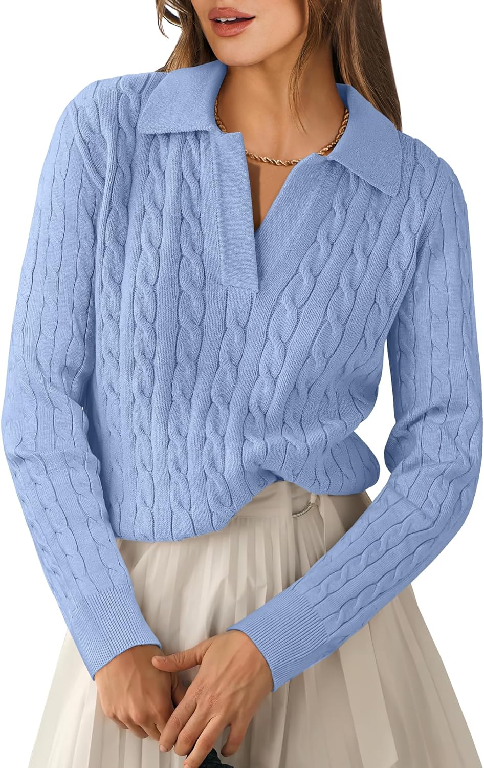 Womens Cable Knit Sweaters Long Sleeve V Neck Casual Tops