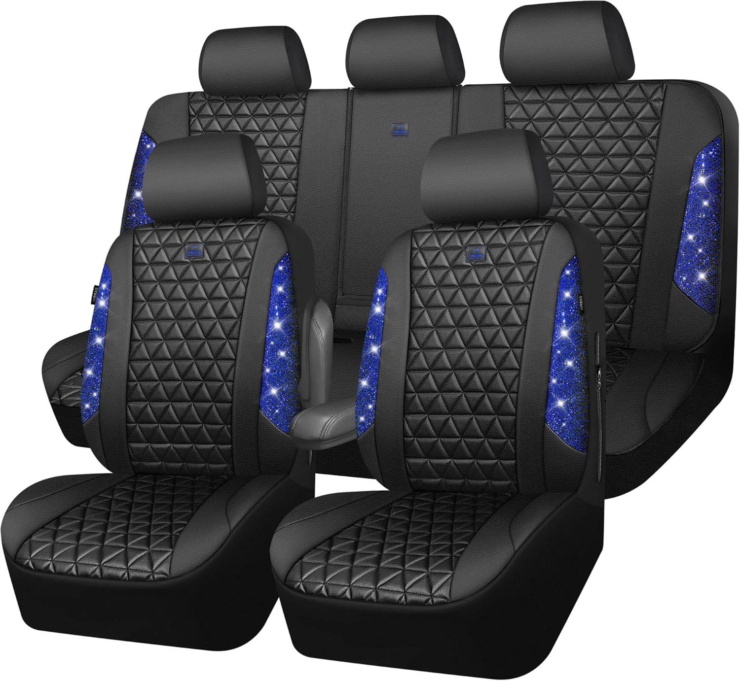 Bling Diamond Black Leather Car Seat Covers Full Set for Women