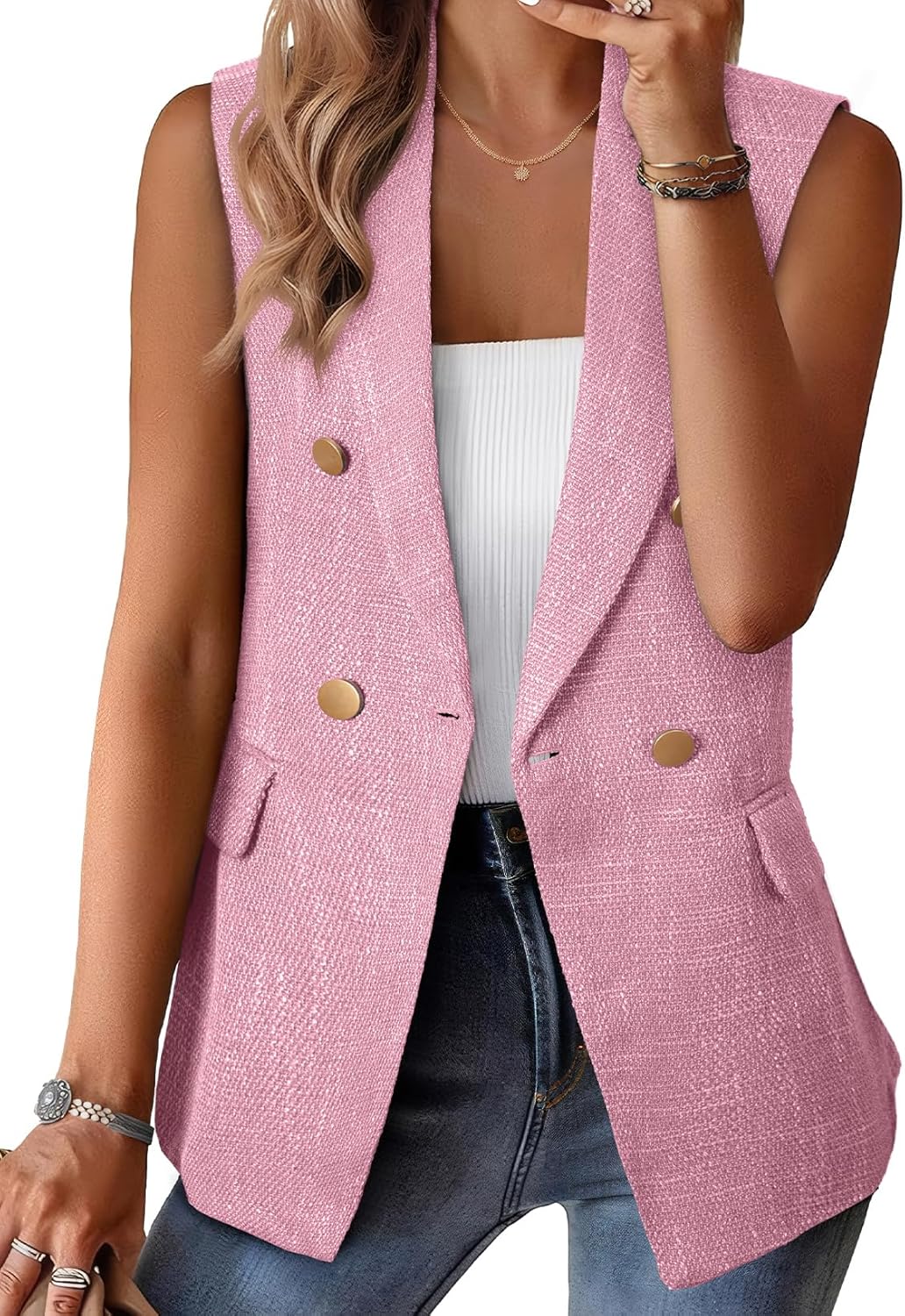 Trendy Double Breasted Tweed Blazer Vest for Women 2025