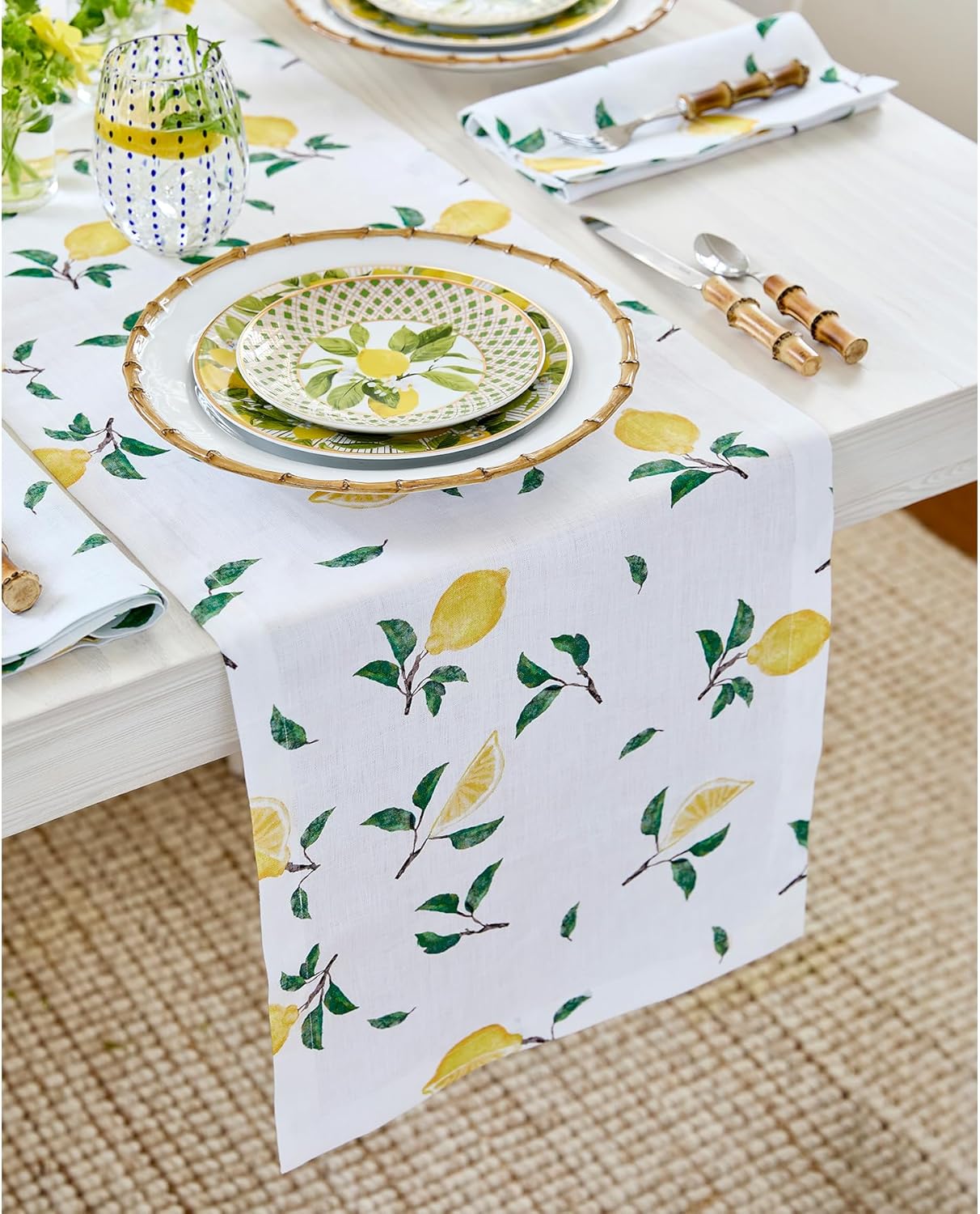 Botanical Lemon Print Table Runner - 100% Pure Linen 14 x 108 in