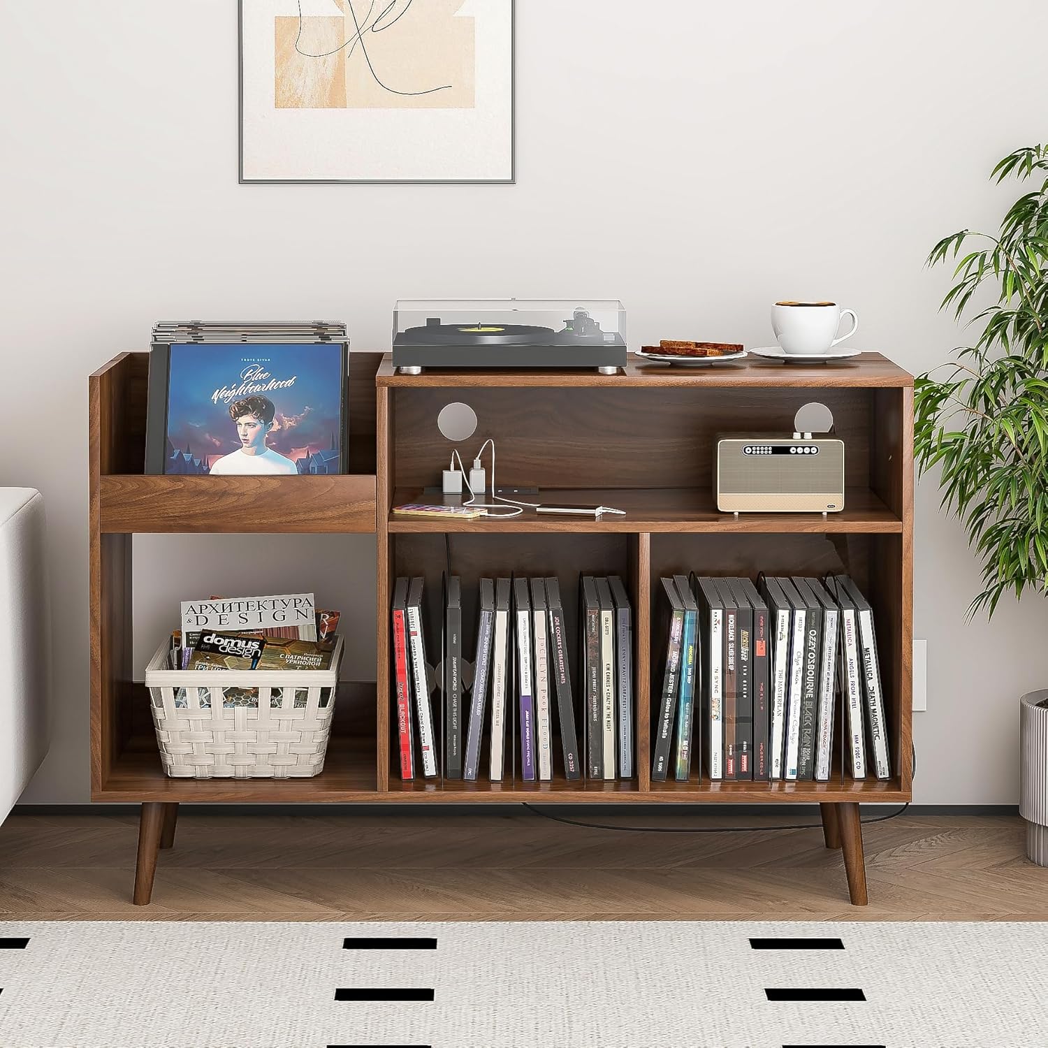 Mid-Century Record Player Stand with Charging Station & USB Ports