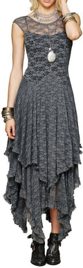 Womens Sleeveless Backless Asymmetrical Layered Lace Long Dress - Slip