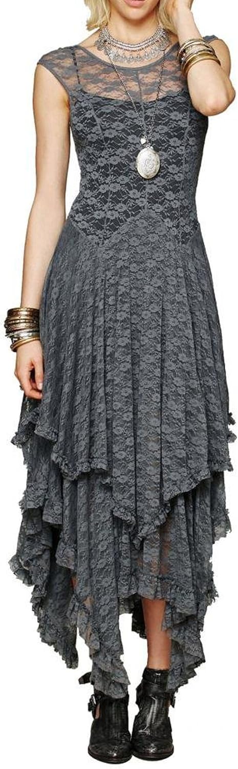 R.Vivimos Womens Sleeveless Backless Asymmetrical Lace Dress