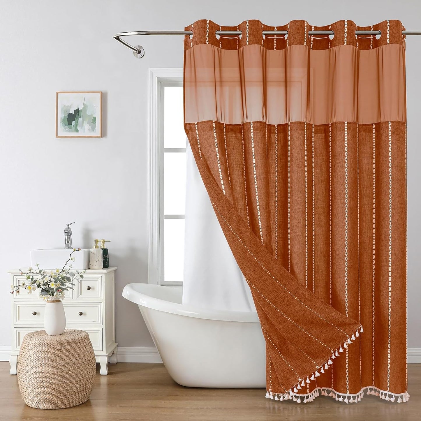 No Hook Long Shower Curtain Set with Snap-in Liner for Luxury Bath