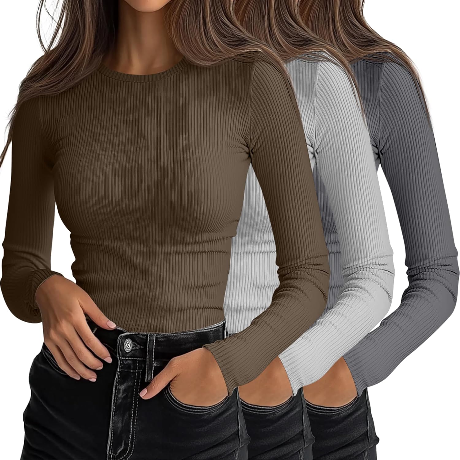 Ficerd Women's Ribbed Long Sleeve Tops for Casual Layering