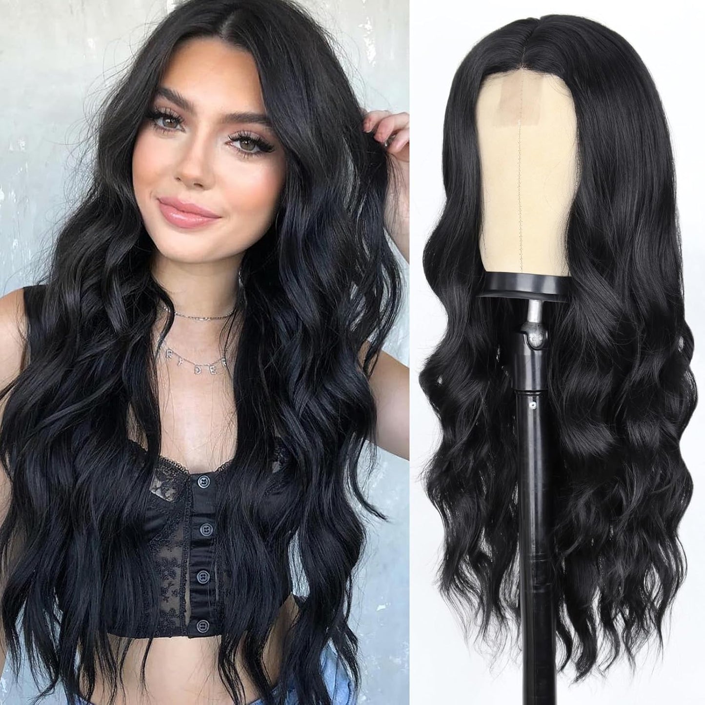 Long Black Wavy Wig for Women - Natural Looking 26 Inch Style