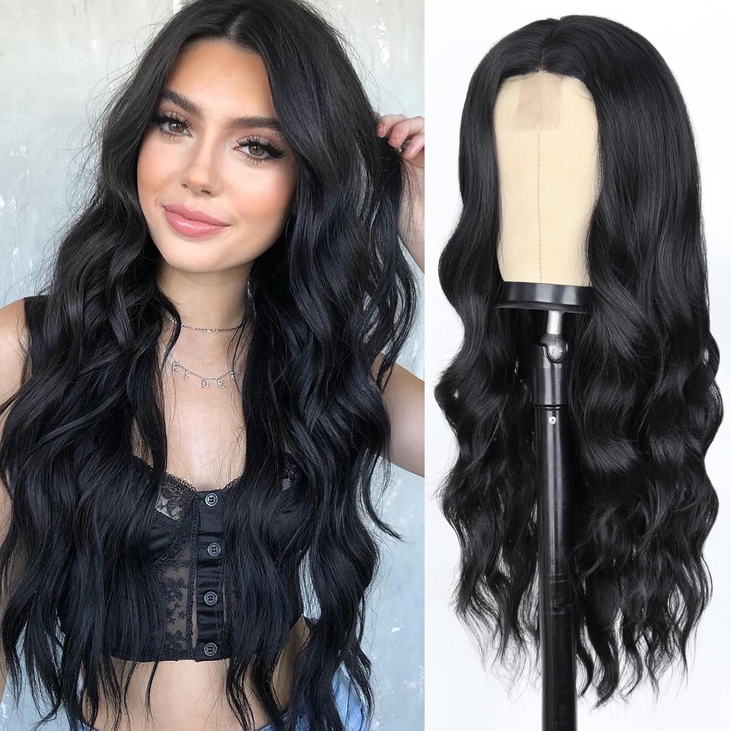 Long Black Wavy Wig for Women - Natural Looking 26 Inch Style
