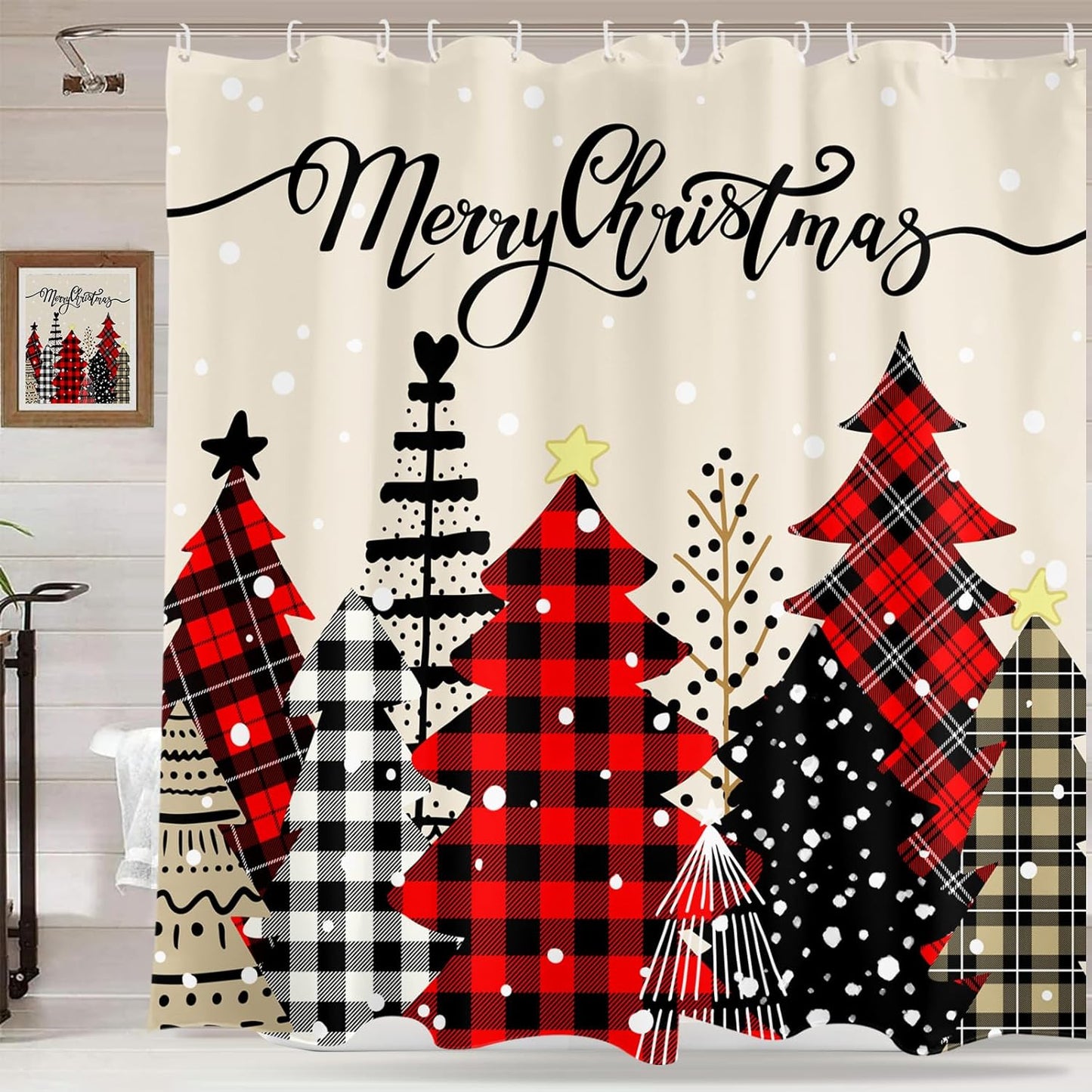 Farmhouse Winter Wonderland Xmas Shower Curtain Set - Waterproof Festive Decor 72x72