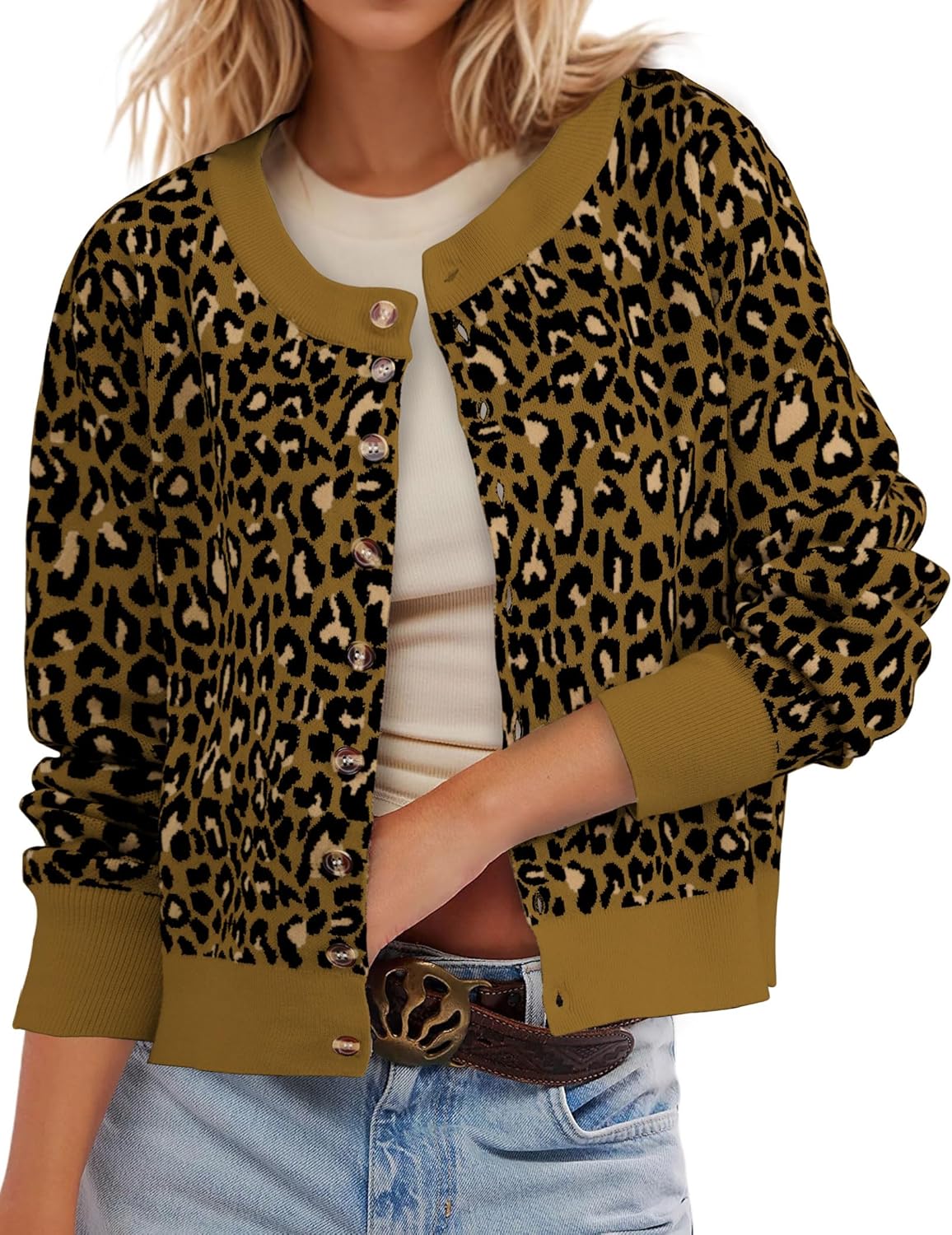 Leopard Cardigan Open Front Button Up Sweaters for Women