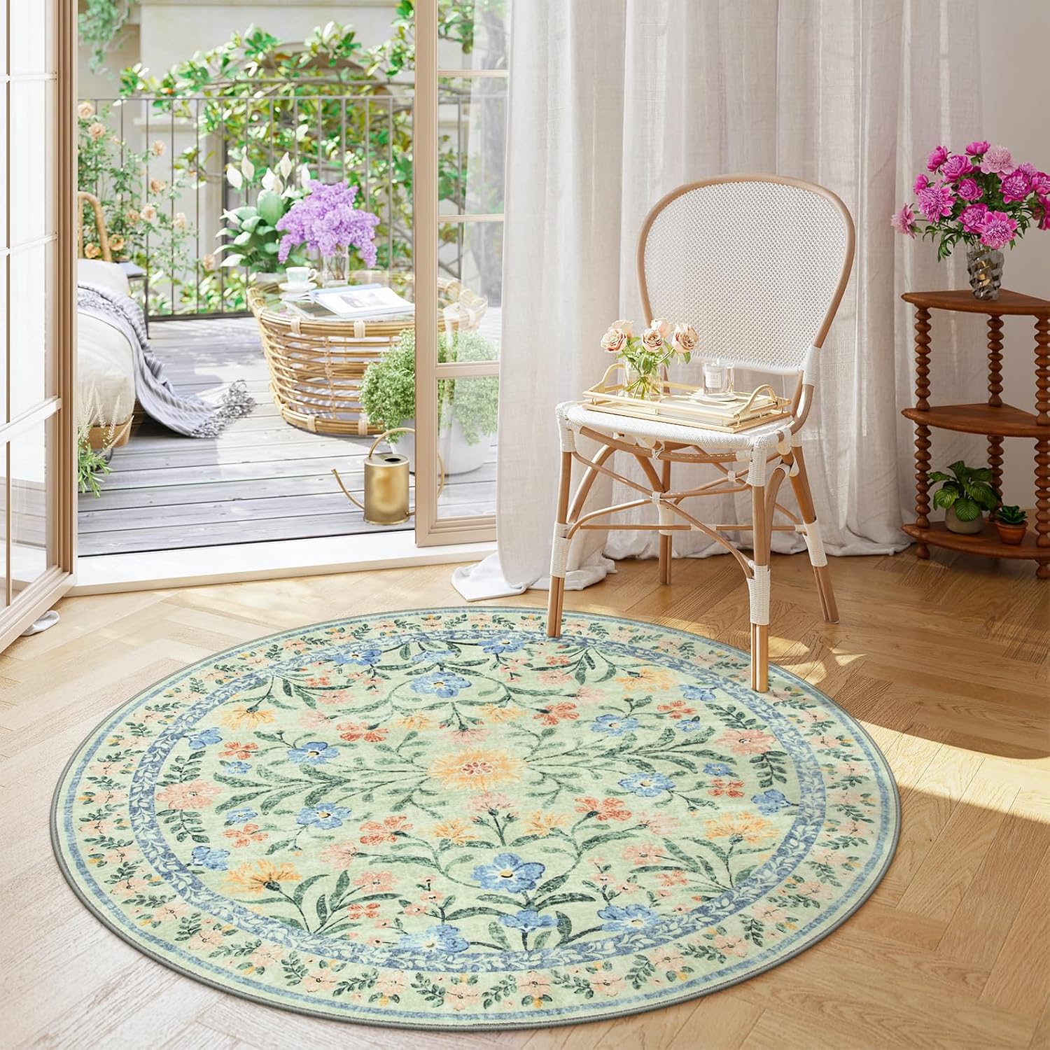 Wonnitar Washable Floral Round Rug for Cozy Home Spaces