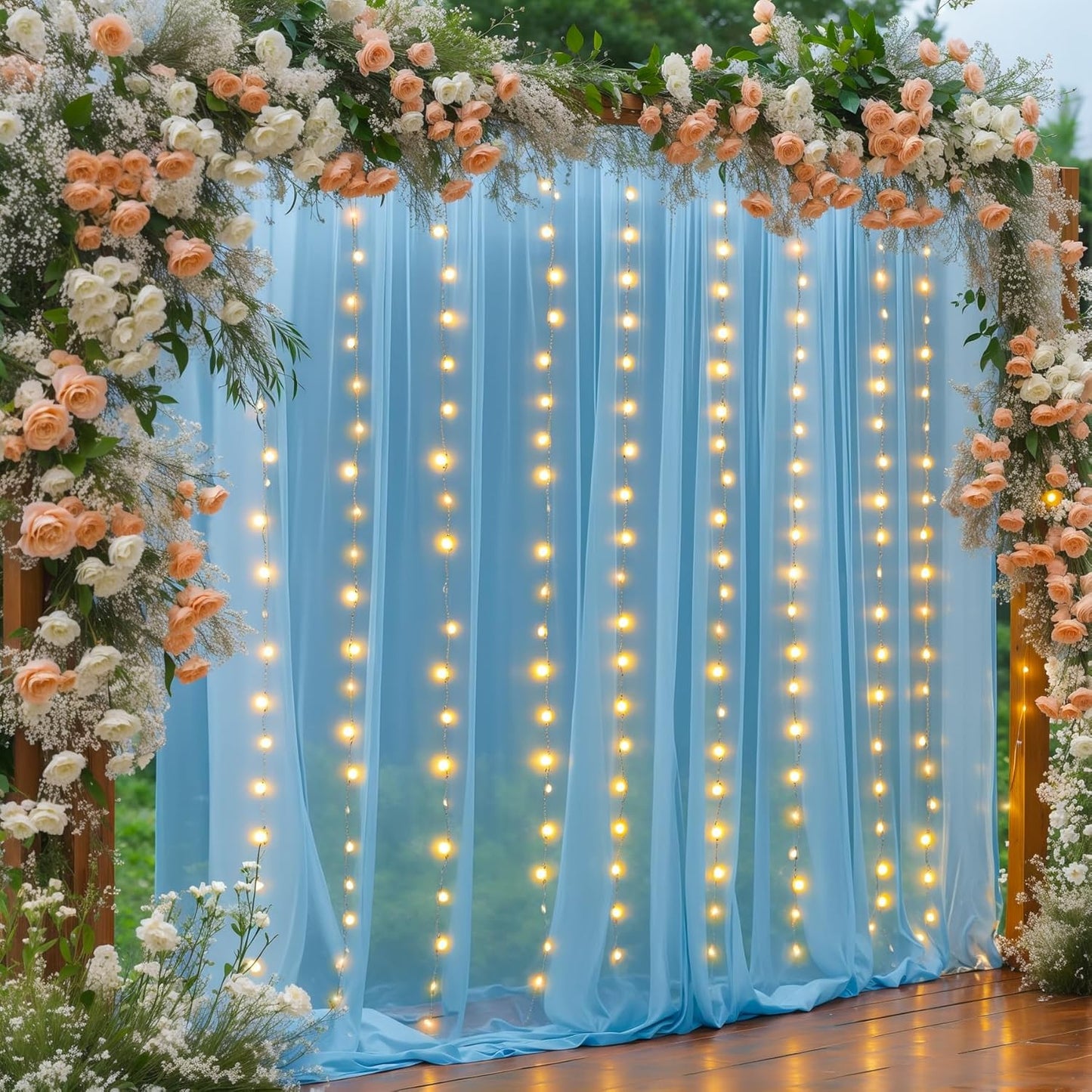 2010ft Blue Tulle Backdrop Curtain with Lights for Events